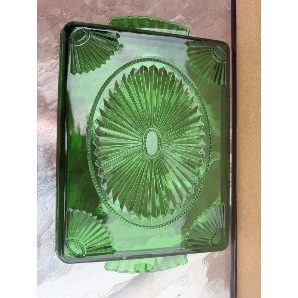 Vintage Avon Green Pressed Glass Decanter Set w/ 5 Cordials & Tray 1980s Barware